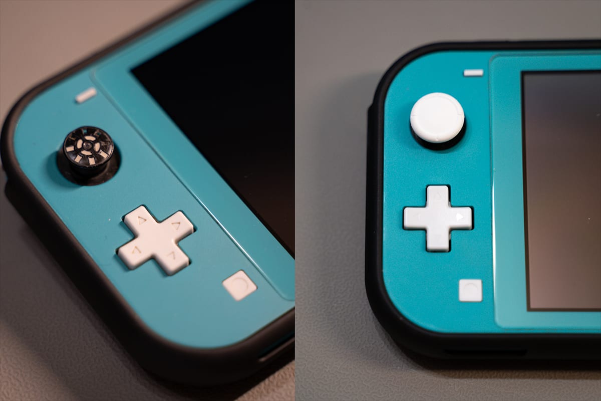 A Nintendo Switch Lite's left thumbstick before and after the work — the worn, grubby original on the left, a clean white stick on the right.